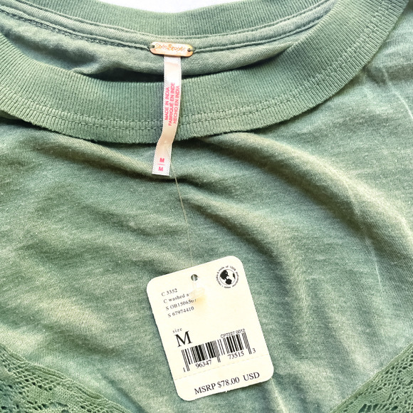 NEW Free People Fall In Love Lace Ruffle Tee Washed Army Green Womens Size M NWT - Picture 14 of 17